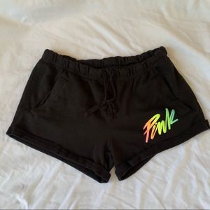 PINK sweat-pant shorts, black w/ multi-color Logo